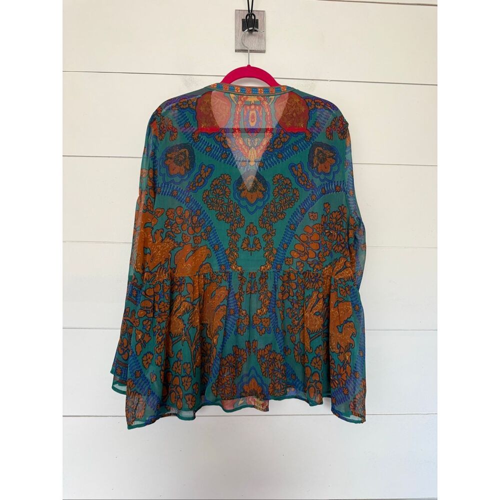 Soft Surroundings Women’s 2X Blue Brown Boho Peasant Tassel Blouse - Picture 4 of 5